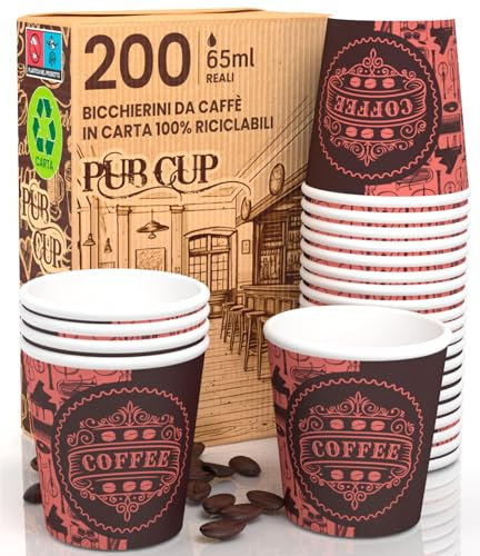 Eurocali 200 Gobelets en Carton, Écologique et Jetables, Résistant à la Chaleur, Café Italien, Café Expresso, 65ml