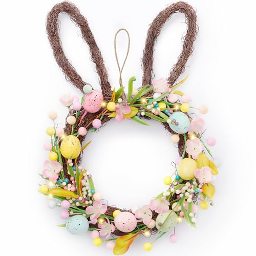Valery Madelyn 16 Inch Easter Bunny Wreath for Front Door, Colorful Eggs and Rabbit Ear Door Wreaths with LED Lights and Timer Function, Easter Decorations for Outdoor Spring Summer