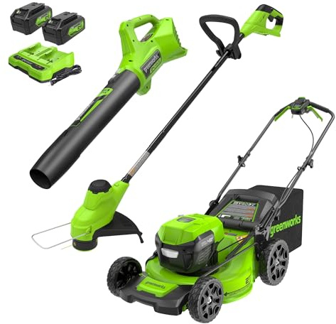 Greenworks 48V (24V x 2) 21 Brushless Self-Propelled Mower+12 String Trimmer+320CFM Blower,(2) 5.0Ah Batteries and 4A Dual Port Charger