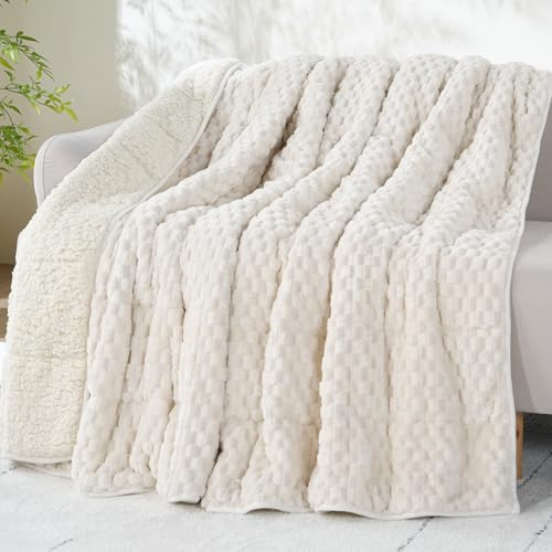 Drewin Manta con peso tamaño Queen de 15 libras, suave y acogedora manta con peso de sherpa jacquard para adultos, manta de cama gruesa ultrasuave para dormir y calmar, 60 x 80 pulgadas, color blanco