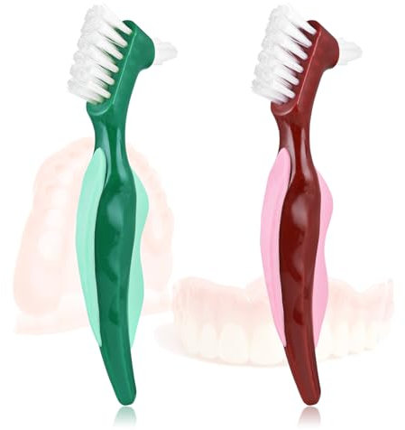 Qianyu 2 Stück Harte Zahnersatzbürste, Tragbare Prothesenzahnbürste Set Doppelseitige Gebissbürste Prothesen Reinigungsbürste für Zahnersatz Gummigriff Ergonomischem für Prothesenpflege