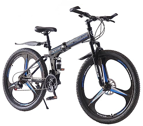 BSTSEL 26 Inch Folding Mountain Bike 3 Spoke Wheels Bicycle,17 Inch Frame Mountain Bicycle - 21 Speeds Disc Brake (Blue)