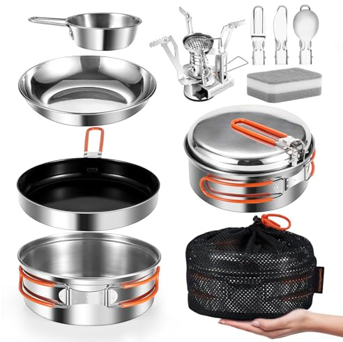 Odoland 10pcs Stainless Steel Camping Cookware Camping Pot and Pan Set with Portable Camping Stove Camping Mess Kit with Plates Bowls Forks Knives Spoons for Hiking Backpacking and Picnic