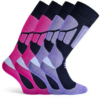 Basic Treasure 2er Pack Skisocken Damen 35-38 Lila/Rot, Warm und Lang Skistrümpfe, Ski Socken, Extra Starke Polsterung, Skisocken für herren und Damen