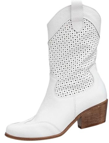 Bottes de cowboy pour femme - Blanc - Bottes western avec talon - Chaussures d'hiver décontractées et élégantes - Bottes hautes pour femme - Talon bloc - Bottes longues pour femme, Blanc., 40 EU