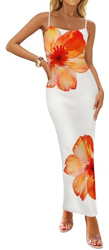 ZESICA Women’s Summer Bodycon Maxi Dresses 2025 Floral Spaghetti Strap Square Neck Sleeveless Boho Beach Long Dresses,Orange,Small