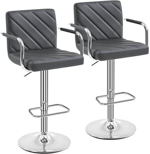 Yaheetech Barhocker 2er Set Barstuh 62,5-84,5 cm Höhenverstellbar 360° Drehstuhl mit Armlehnen Küchenstuhl Kunstleder & Stahlgestell, Dunkelgrau