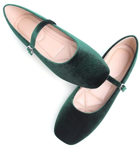 WENJIAZHIZHI Womens Square Toe Mary Jane Velvet Flats Shoes Ballerina Shoes Dressy Comfortable Slip On Walking Flats Dark Green Size 8