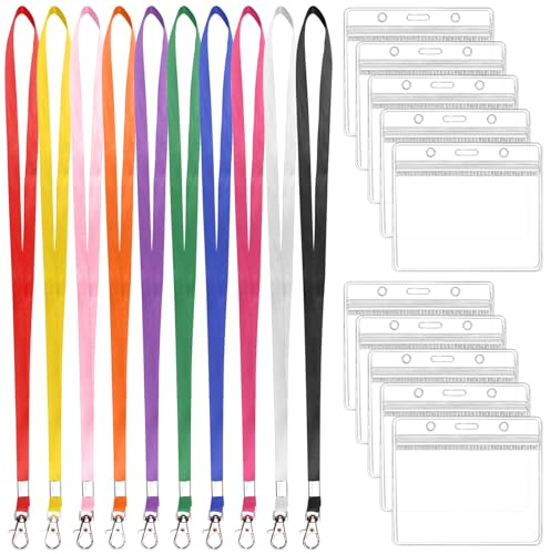 10 uppsättningar ID-kortfodral med band, horisontell ID-korthållare | med färgglada nyckelband, transparent kortficka, vattentäta nyckelband för företagssättning, utställning, kontor, skolor