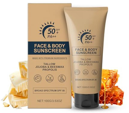 Mineral Tallow Sunscreen SPF50, Beef Tallow Honey Balm Face Sun Cream, Zinc Sunscreen, Natural Skin Barrier Chemical Free, Lightweight, Non Greasy, Refreshing Suncream Sun Protection,100g