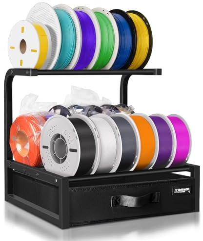 2-Stufiges 3D Drucker Filament Aufbewahrungsregal Lagerregal mit Stoffschublade für PLA/PETG/ABS/TPU Filamente, Metall-Desktop Zweireihiges 3D Drucker Filament Spulenhalter Regal