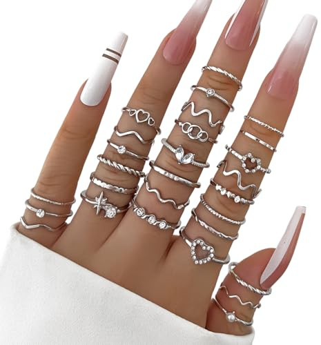 XPEX 28 Pezzi Set Anelli Donna Acciaio Inossidabile Boho Anelli Aperto Minimalista Impilabili Anelli Argento Regolabili Nocche Anello conanelli donna