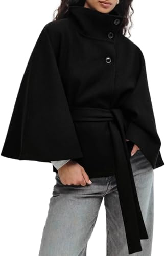 Hecatombic Mode Automne Et Hiver Pour Femmes Couleur Unie Col Montant Bouton Cape Courte En Tweed Rétro Élégante Classique Affaires Veste Décontractée Avec Ceinture (Noir,S)