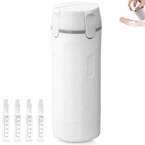 4-i-1 reseflaskdispenser, påfyllningsbara reseflaskor för toalettartiklar | Läckagesäkra resebehållare med skala och etikett, push-down-dispenser för schampo, lotion, balsam och kräm (vit)