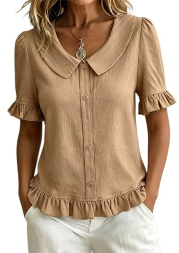 GMQWRK Ruffle Short Sleeve Shirt for Women UK Elegant Peter Pan Collar Blouse with Frill Trim Dressy Casual Button Front Shirts Lightweight Summer Collared Neck Blouses Going Out Tops
