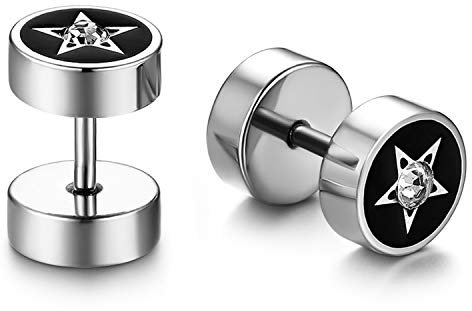 JewelryWe Stern Fake Plug Ohrstecker: Silber Edelstahl Pentagramm Kreis Schraube Ohrringe mit Strass Emaille Fake Piercing Plugs Ohr Cheater Tunnel Gauges Ohrschmuck Geschenk Herren Damen