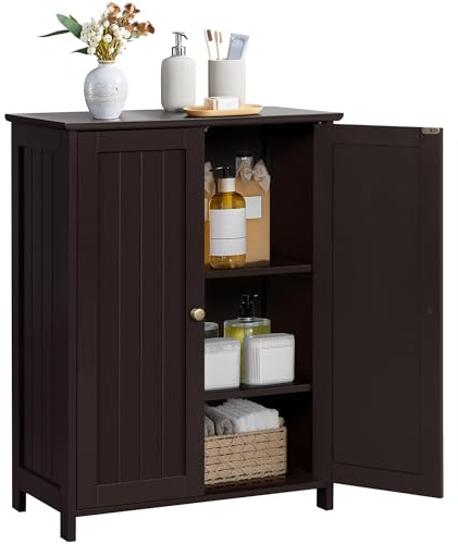 Yaheetech Bathroom Floor Cabinet, Modern Storage Freestanding Organizer Cabinet with Adjustable Shelves & Double Doors, 3-Tier Home Living Room Furniture, Espresso