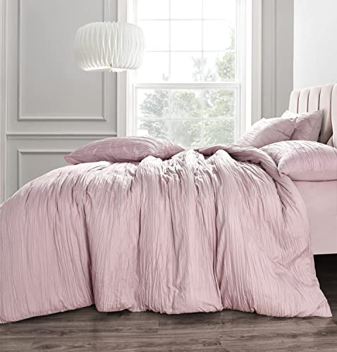 Velosso Crinkle Rouched Pleats Seersucker Easy Care Duvet Cover Quilt Set with Pillowcases (Pink, Single)