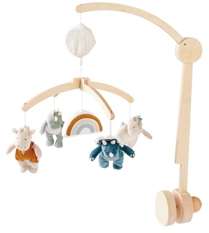 NOUKIE’S - Mobile musical en bois - Tiga, Stegi & Ops - Rotation automatique sans piles - Compatible avec berceau, lit à barreaux et parc - Idéal dès la naissance pour apaiser et endormir bébé