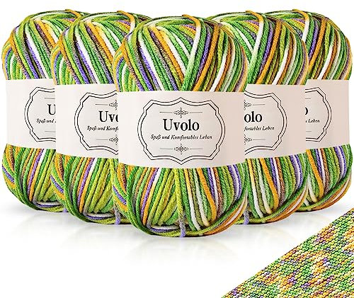 Uvolo Handstickgarn, gradient 250 g (5 x 50 g), virkgarn, färgglatt regnbåge, akrylgarn för stickning, bomull, flerfärgat garn för stickning virkning och pyssel-28 grön-gul