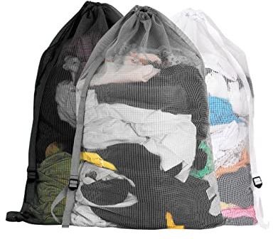 Mesh Laundry Bags with Adjustable Shoulder Strap, 24 x 36 Heavy Duty Nylon, Drawstring Closure, 3-Pack, Mixed Colors