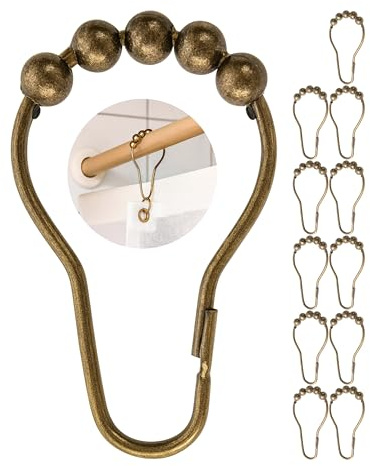 Duschdraperiringar, 12 stycken, i Bronsfärger, med kulglidningssystem, storlek 70 x 39 mm, ringar för duschdraperistänger, tillverkade av stål, krokar för duschdraperier, metallringar duschkrok badrum