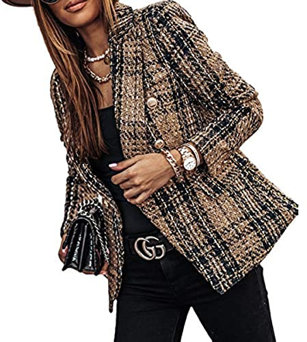 Giacca da donna corta a quadri stampata con bottoni in metallo e revers, elegante e casual (Marrone,XXL)