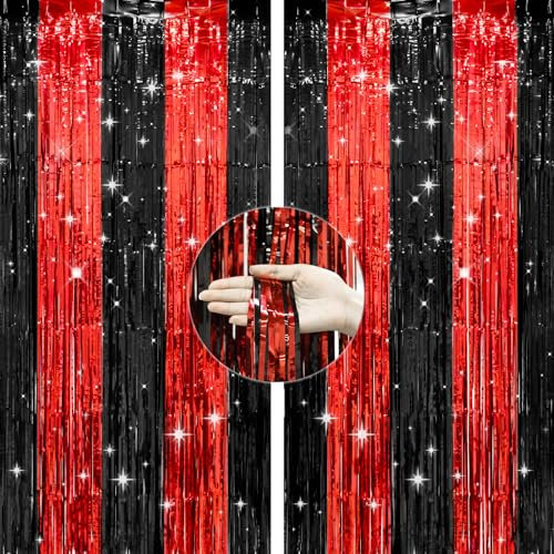 G2PLUS Red Black Tinsel Curtains, 2PCS Metallic Tinsel Foil Fringe Curtains, 1m×2m Tinsel Curtain Streamers, Party Backdrop Foil Curtains for Birthday Halloween Wedding Prom Decoration