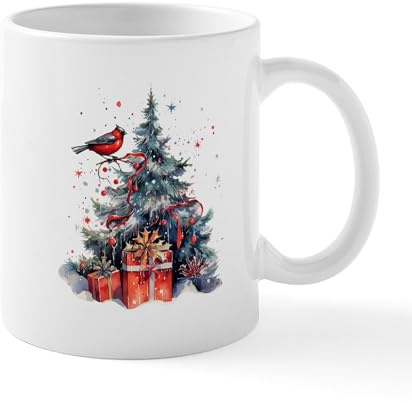 CafePress Christmas Tree And Red Robin Watercolors Mugs 11 oz (325 ml) Ceramic Coffee Mug