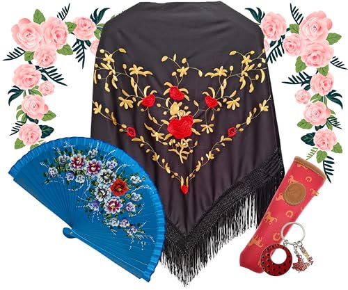 Mantón Negro, Abanico de Madera con Flores pintadas a Mano (Modelo Surtido), Funda Artesanal para Abanico Hecha en España y LLavero Estilo Flamenco (Negro DoradoR Surtido) (Negro DoradoR Surtido)