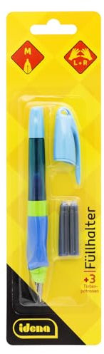 Idena 20157 - Füllhalter mit Federbreite M und ergonomischer, rutschfester Griffzone, Füller für Rechts- und Linkshänder, inkl. 3 Tintenpatronen in Königsblau