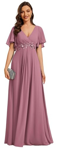 Ever-Pretty Vestito Donna Elegante Scollo a V Maniche a Volant Stile Lungo Abito Cerimonia Donna Orchidea 40
