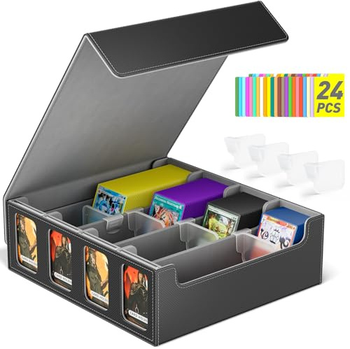 Hot Bee MTG Deck Box, Quartuple Trading Card Storage Box Holds 2400+ Cards for Yugioh, MTG, TCG, Magic the Gathering Commander Cards, Playing Card Case PU Leather Magnetic Closure, Grey
