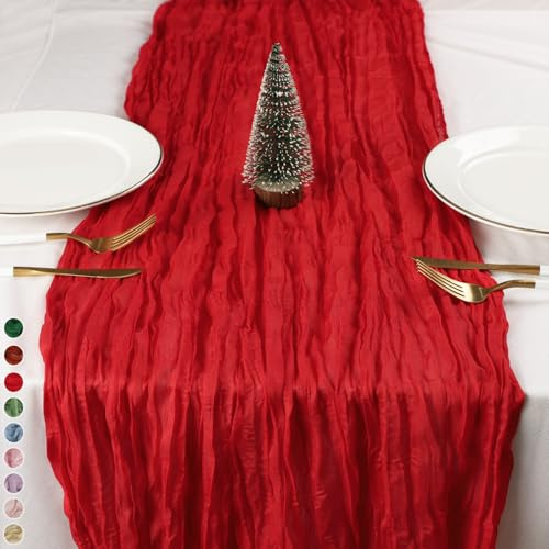 Cekene Cheesecloth Christmas Table Runner 90x400cm Rustic Gauze Fabric Tablecloth Sheer Boho Wedding Table Cover Xmas Table Decoration for Holiday Party Baby Bridal Shower Birthday Arch(Red)