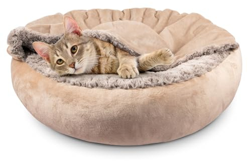 JOEJOY Small Dog Cat Bed With Hooded Blanket, Cozy Cuddler Luxury Puppy Pet Donut Round Calming Anti-Anxiety Burrow Cave - Anti-Slip Bottom, Machine Washable, 23 Inch
