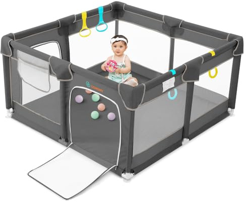 COMOMY Laufstall Baby, 127x127 cm Laufgitter Baby Sicherheitsbereich Schutzgitter für Kinder mit Weichem Netz, Rutschfestem Oxford Bottom (Grau)