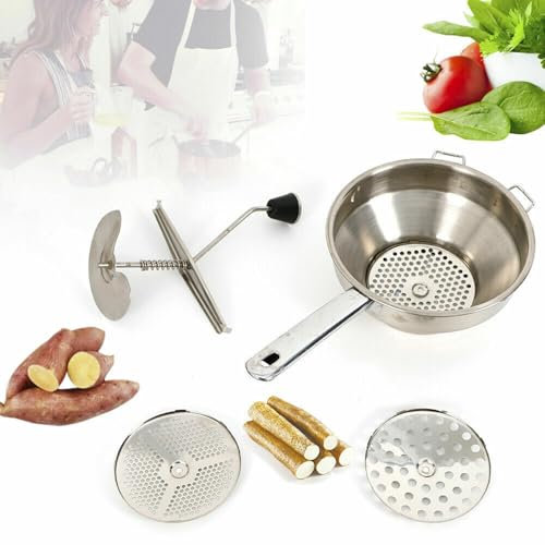 Passiermühle aus Edelstahl, 2L Kartoffelstampfer, Passiergerät mit 3 Frässcheiben, Lebensmittelmühle Manuell, Spülmaschinengeeignet, für Saucen, Pürees, Kartoffelpüree, Nicht für Bohnen Geeigne