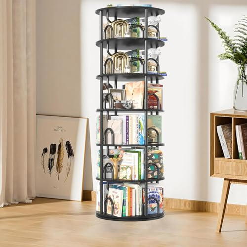 Estantería giratoria de 360°, Librería de Madera, estantería de pie, estante de almacenamiento de pie, Organizador Libros, CDs, Estanteria de Esquina para Salon, Estudio y Dormitorio (A, 6 Niveles)