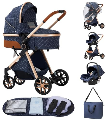 ALYIKOU Carrito Bebe,Carrito Bebe 3 en 1,Adecuado Para 0-3 añOs, Carga MáXima de 25 Kg, Sistema de Carro Bebe Viaje Plegable, Incluidos Adaptadores de Accesorios (3 in 1 LV9 Azul)