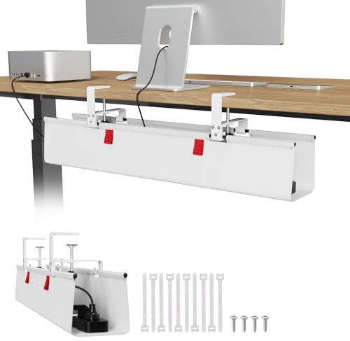 Univivi Under Desk Cable Management Tray, 28 No Drill Desk Cable Tidy Tray for Wire Management, Clamp/Screw Mount Cord Organiser Desk, Sturdy Waterproof Fabric Cable Basket for Office and Home, White