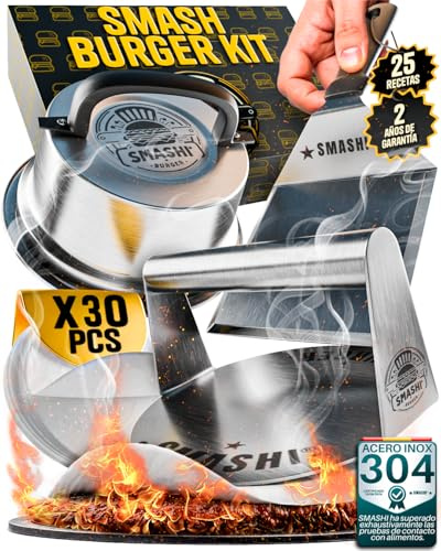 SMASHI® Smash Burger Kit 304 rostfritt stål – Smasher, Smash-spatel, Smash-lock, hamburgarpress och non-stick-papper | Professionellt set för kök, BBQ och restaurang (Expert)