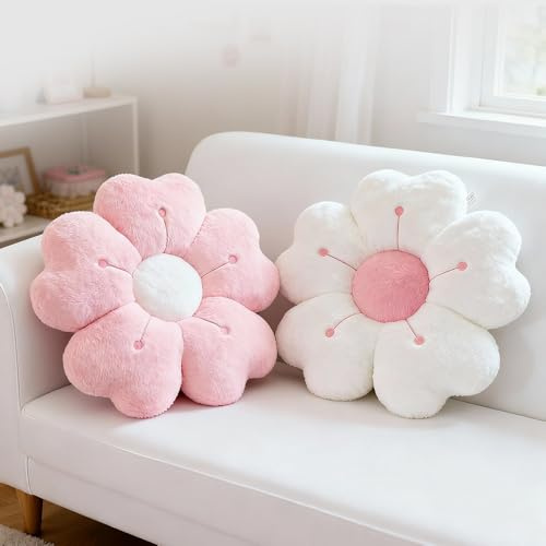 Wxeadu 2 cojines de flores de 35 cm, suaves cojines en forma de flor, mullidos cojines para suelo de flores, cojines de suelo con margaritas y flores para decoración de habitación, sofá, cama (blanco
