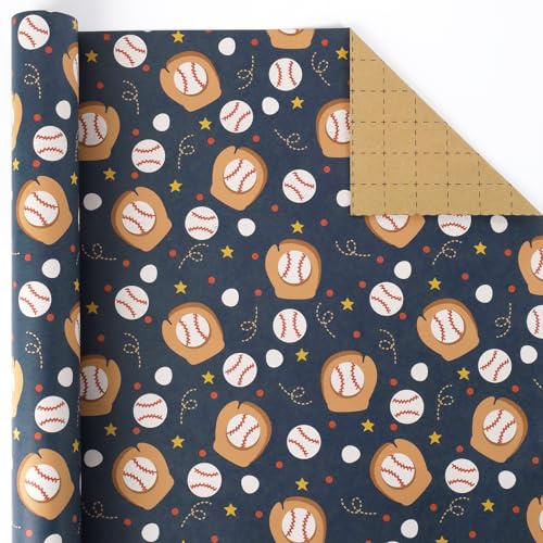 BIOBROWN Baseball presentpapper, kraftpapper, 43 cm x 10 m | Basebollhandske och boll på kraftpapper; för barn, födelsedag, fars dag och sportfester