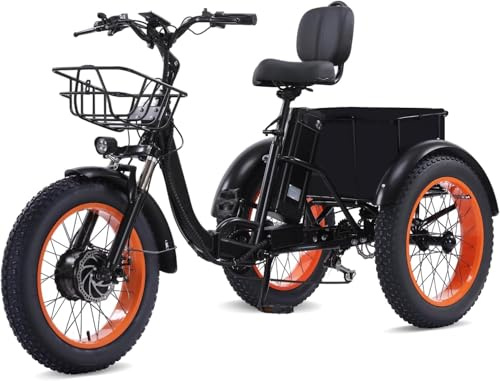 KAKIGO Electric Trikes for Adults UK,48V15Ah Electric Tricycle for Adults UK,20x4Fat Tire Folding E Trike,90KM Range,20KM/h,Front&Rear Basket