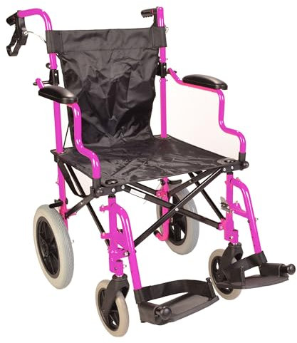 Deluxe Pink Ultra Lightweight Folding Travel Compact Aluminium Wheelchair in a Bag with handbrakes