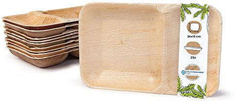 BIOZOYG Palmware - Platos de hojas de palma I Plato de menú desechable de 25 piezas hecha de hoja de palma rectangular de 24x15cm con 2 compartimentos separados