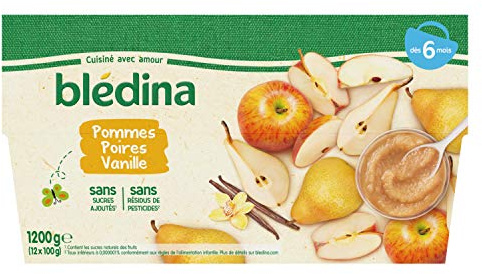 Blédina, Purée de Fruits dès 6 Mois, Pommes, Poires, Vanille, 12x100g