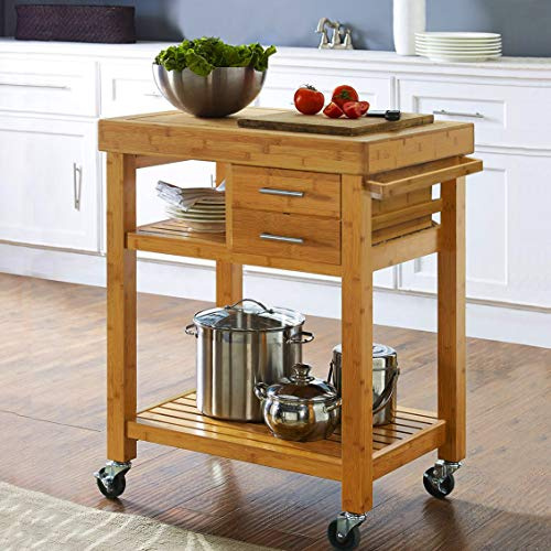 Home Aesthetics Rolling Kitchen Island Cart with Drawers Shelves, Towel Rack, Locking Casters, Butcher Block Food Prepping Cart Trolley on Wheels, Bamboo Wood