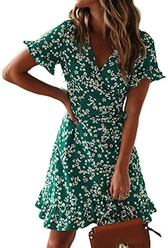 TOPLAZA Beach Wrap Dress Women Chiffon V Neck Flower Print Short Sleeves, Green, L