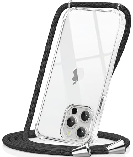 CAROKI Compatible with iPhone 13 Pro Max Crossbody Phone Case, Lanyard Protective Case with Adjustable Length Lanyard Rope Shockproof Hands-Free Clear Transparent TPU Silicone Cover-Black